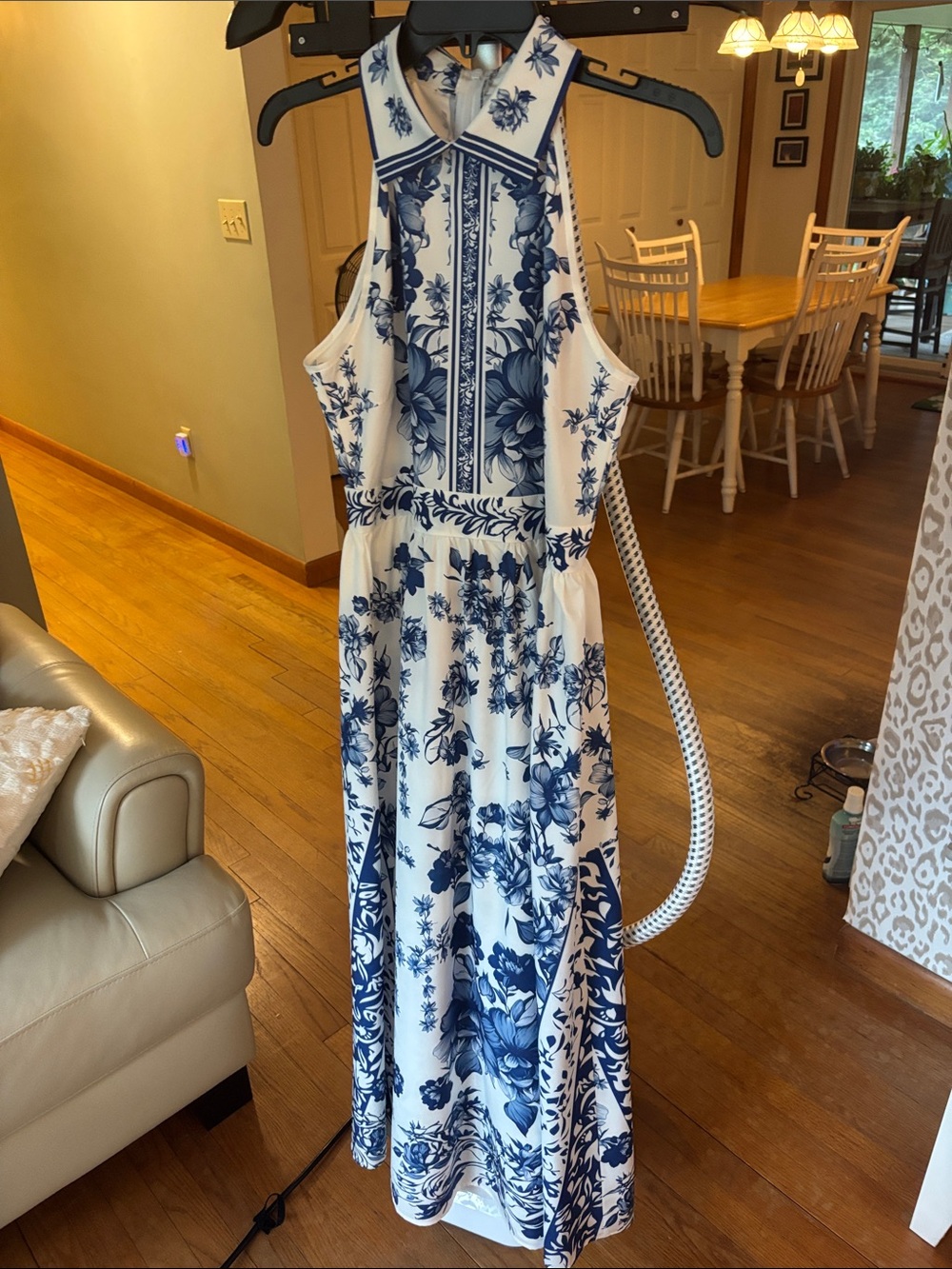 Blue & White Floral Halter Maxi Dress